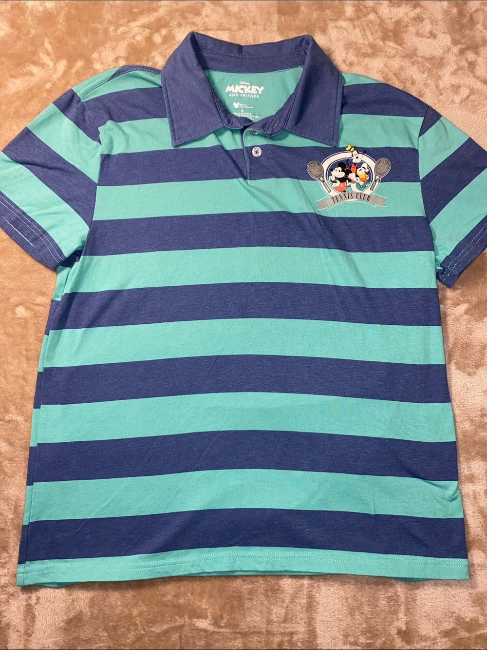 Disney Mickey and friends Men's Striped Polo Shirt in Teal and Navy